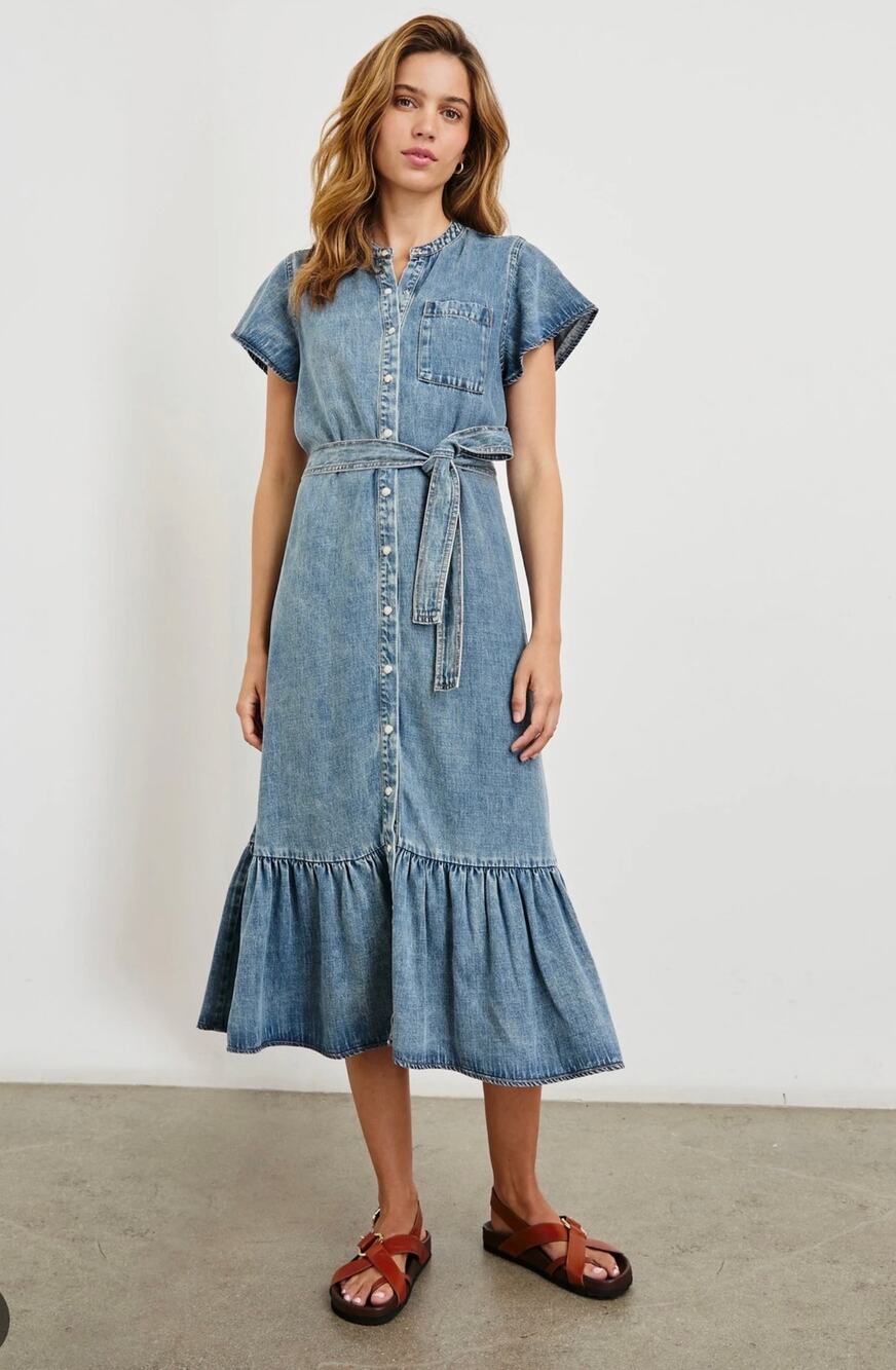 Rails Kahlo Ruffle Hem Denim Midi Dress Mid-Blue Wash Size Medium
